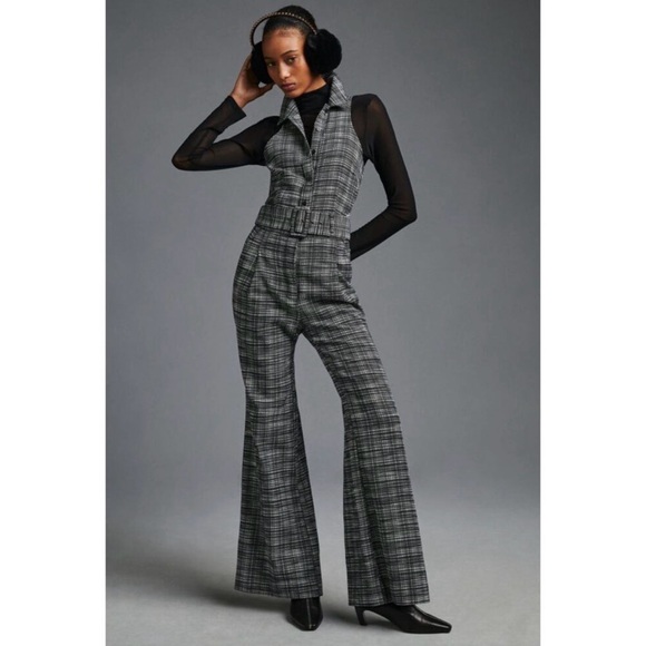 Anthropologie Pants - Anthropologie Gray Plaid Sleeveless Belted Jumpsuit
